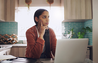Buy stock photo Remote work, thinking and woman with laptop in kitchen for research, planning or idea inspiration. Freelance, online and female person with creative decision, solution and problem solving in her home