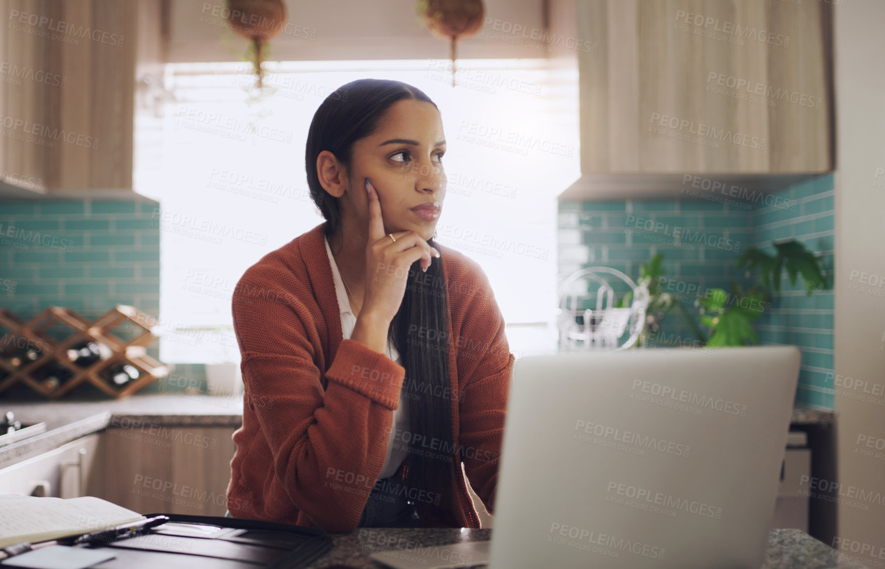 Buy stock photo Remote work, thinking and woman with laptop in kitchen for research, planning or idea inspiration. Freelance, online and female person with creative decision, solution and problem solving in her home