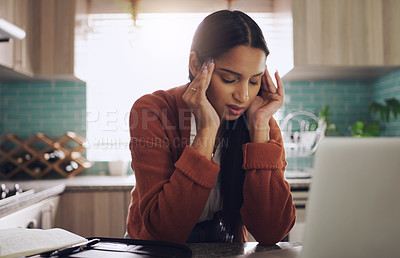 Buy stock photo Remote work, headache and female on laptop in kitchen frustrated, stress and internet delay in her home. Freelance, anxiety and lady freelancer with migraine, 404 or online problem, glitch or report