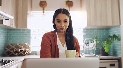 Buy stock photo Remote work, coffee and woman on laptop in kitchen for website, research and online project. Freelancer, working from home and person on computer typing email, planning and job for startup business