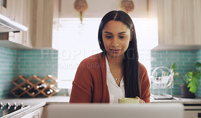 Buy stock photo Remote work, coffee and woman on laptop in house for website, research and online project. Freelancer, working from home and person on computer typing email, planning and job for startup business