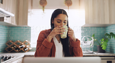 Buy stock photo Remote work, coffee and woman on laptop in morning for website, research and online project. Freelancer, working from home and person on computer typing email, planning and job for startup business