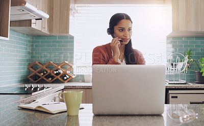 Buy stock photo Laptop, remote work and woman consultant in a kitchen for telemarketing, crm and contact us in her home. Call center, freelance and female consulting for customer service, support and online help
