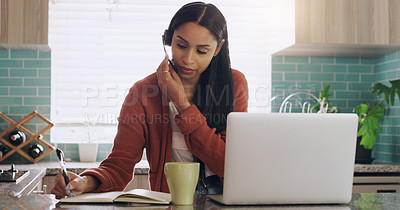 Buy stock photo Virtual assistant, writing and Indian woman with laptop in kitchen for telemarketing, crm and contact at home. Call center, freelance and lady consulting for customer service, advice or online help