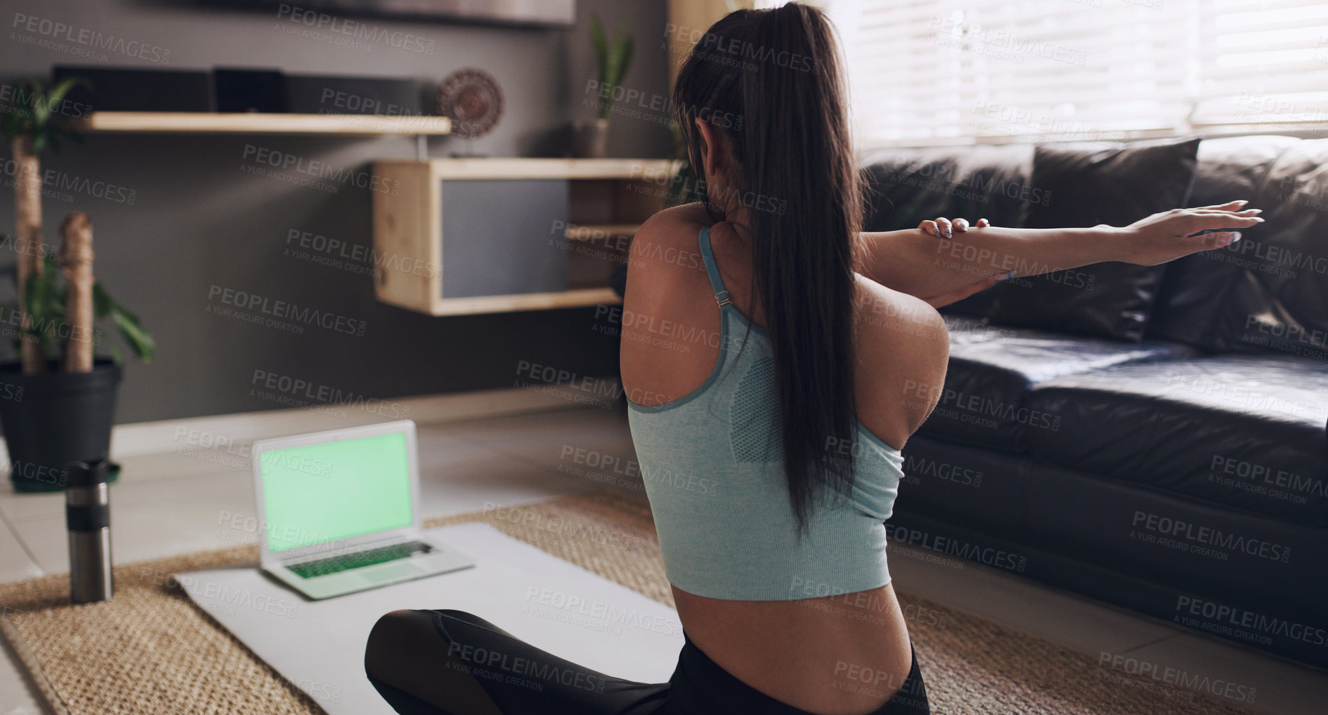 Buy stock photo Green screen, laptop and online yoga for woman stretching on floor for fitness, exercise or wellness at home. Mockup, computer and back of female person doing pilates, workout and streaming tutorial