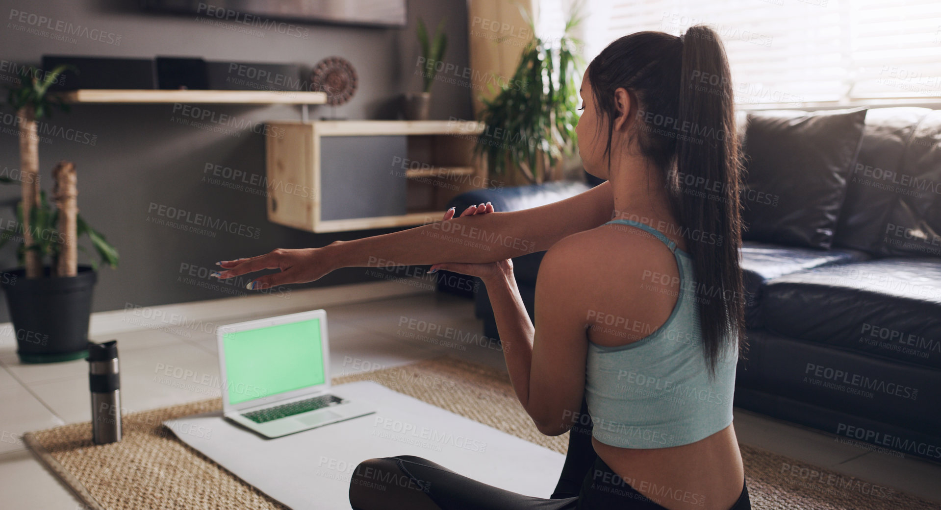 Buy stock photo Laptop, green screen and online yoga by woman stretching on floor for fitness, exercise or cardio at home. Mockup, space and arm stretch for female person with computer for pilates, start or workout