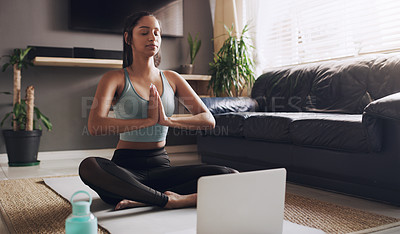 Buy stock photo Praying hands, laptop and woman with online yoga on a floor for exercise, breathing and training in living room. Computer, meditation and lady person relax while meditating for zen, peace or balance