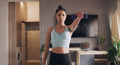 Buy stock photo Dumbbell, girl and workout in home for fitness, wellness and sports equipment for healthy body. Muscle, weightlifting and strong woman exercise, training and serious bodybuilder with power in house