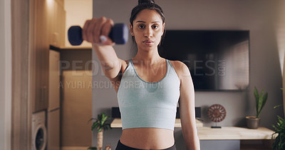 Buy stock photo Dumbbell, portrait and girl exercise in home for fitness, wellness and sports for healthy body. Muscle, weightlifting and face of strong woman in workout, training and serious bodybuilder with power
