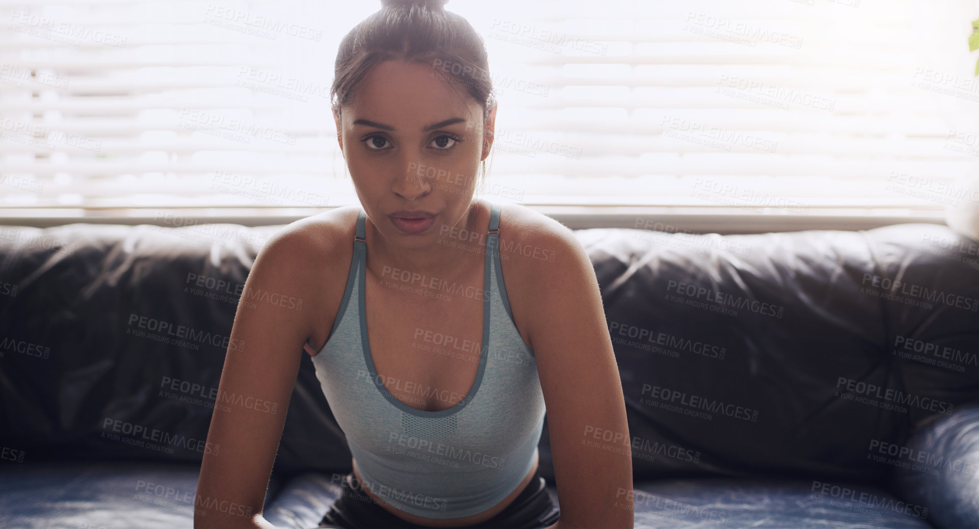 Buy stock photo Portrait, woman and relax on couch from workout routine for active, training and exercise at home. Fitness, athlete and person on break or sofa to cool down from intense sports activity for health