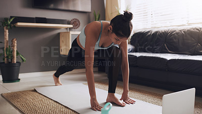 Buy stock photo Home, workout and woman with laptop for floor pilates, stretching or wellness exercise at home. Fitness, training and health influencer with pc for live streaming sports routine to online audience