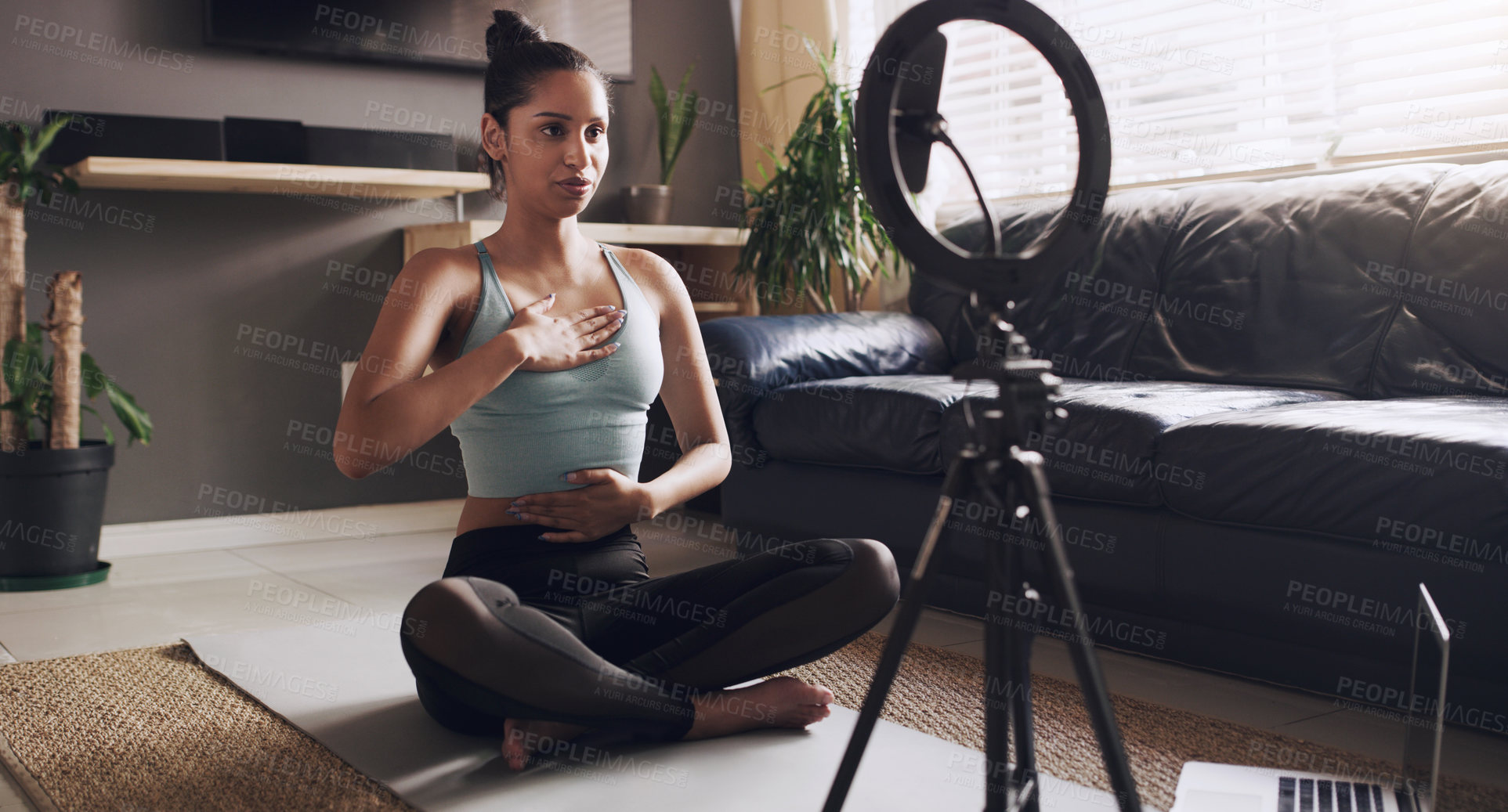 Buy stock photo Live streaming, phone and fitness with woman in living room for social media, workout or yoga teacher. Exercise, internet and recording with influencer at home for blog, training or wellness vlogger