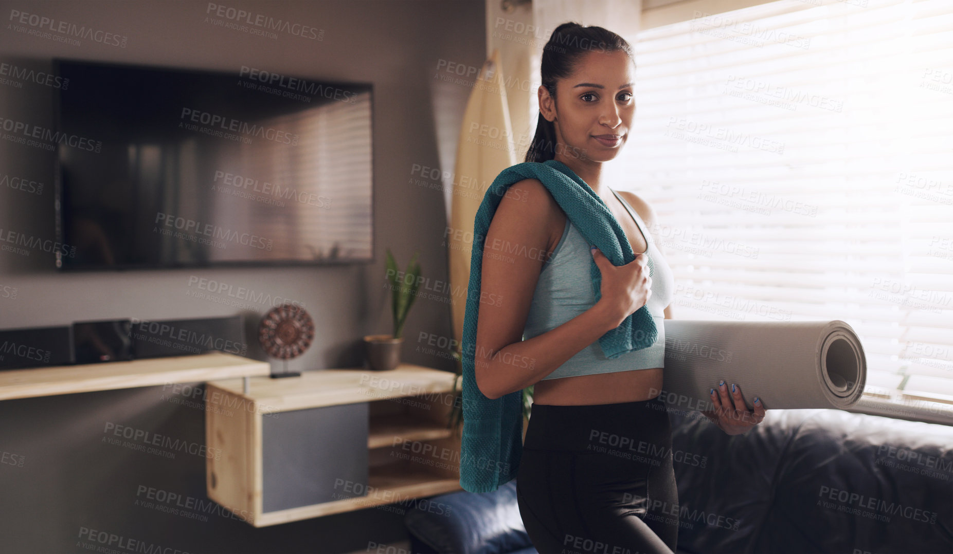 Buy stock photo Fitness, towel and portrait of woman with mat for cardio exercise, training or workout at home. Female person, health and living room with equipment for morning, self care and sports in house