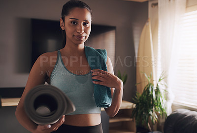 Buy stock photo Fitness, portrait and Indian woman with a mat for yoga, training and peace in her home. Face, smile and female person start holistic, exercise or meditation in living room with zen, balance or cardio