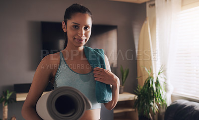 Buy stock photo Yoga, portrait and Indian woman with a mat for fitness, training and workout in her home. Face, smile and female person in a living room for holistic, balance and calm, mental health and exercise
