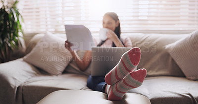 Buy stock photo Sofa, paperwork and woman with laptop for remote work, relax and coffee for online career. Documents, reading and freelancer girl in home with computer for web project, research and drink on couch.