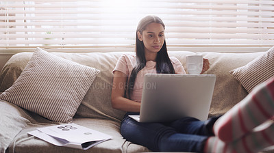 Buy stock photo Couch, paperwork and woman with laptop for remote work, relax and coffee for online career. Documents, reading and freelancer girl in home with computer for web project, research and drink on sofa.
