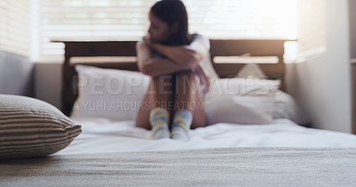 Buy stock photo Depression, anxiety and woman in bed thinking, sad and having mental health issue at home. Broken heart, stress and lady person in crisis, abuse or ptsd, insomnia or fear while mourning in bedroom