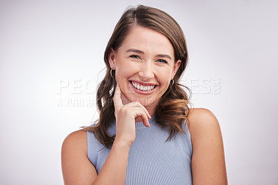Buy stock photo Woman, smile and portrait in studio, fashion and happiness in clothes, outfit and confidence of lady. Pink background, joy and female model with pride, positive and cheerful in mockup space or person