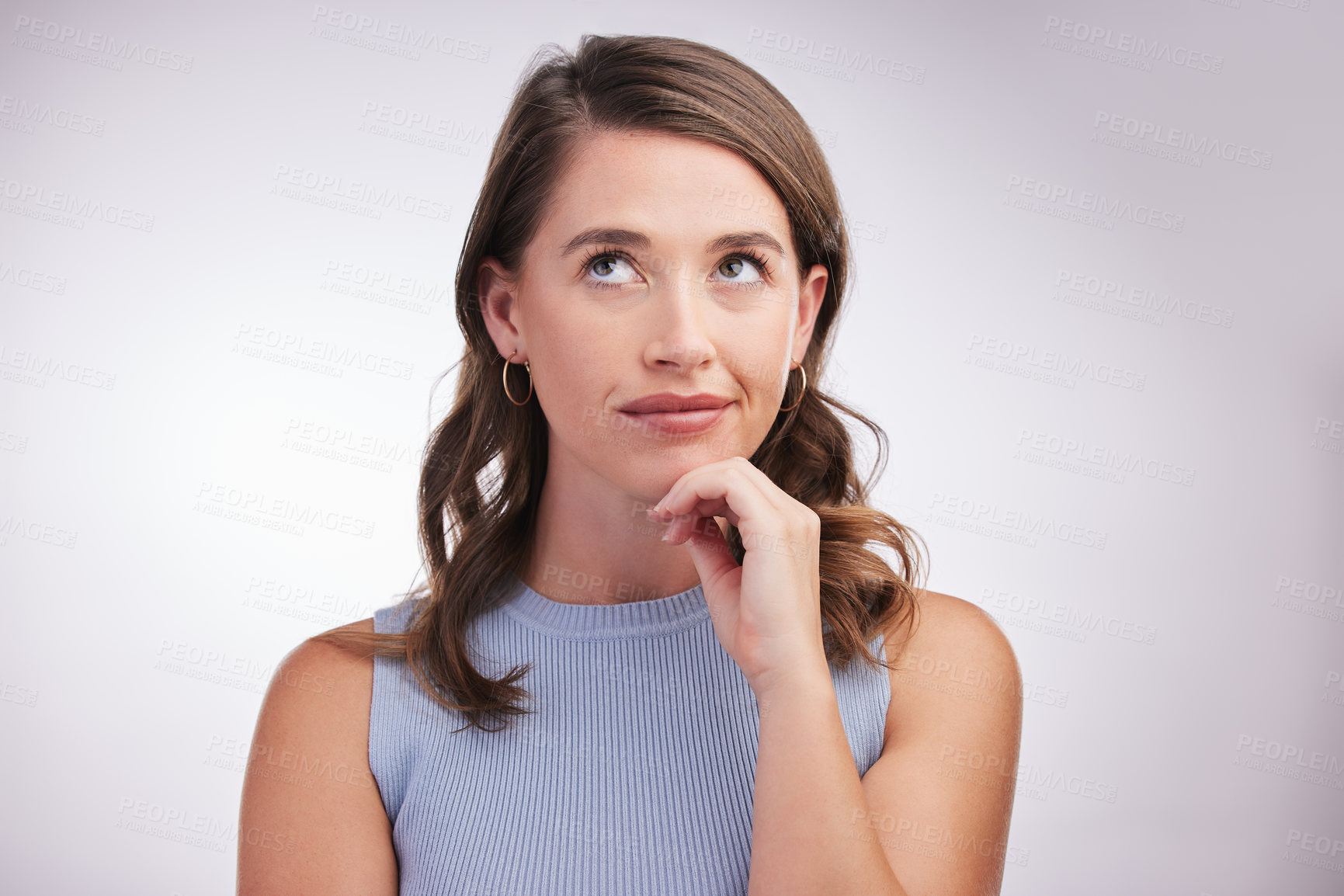 Buy stock photo Face, idea and thinking with woman problem solving in studio on gray background for inspiration. Future, planning and vision with confused person looking up for opportunity, solution or question