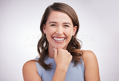 Buy stock photo Laughing, woman and portrait in white studio background for skincare, glow and cosmetics or confidence. Happy, female person and smile or joyful for dermatology results, treatment and wellness