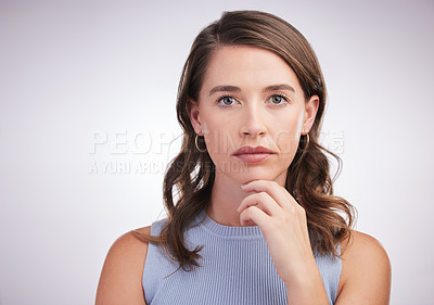 Buy stock photo Portrait, woman and thinking in white studio background for serious thought, decision or new insight. Female person, remember or memory with hand on chin for choice, reflection or future dream