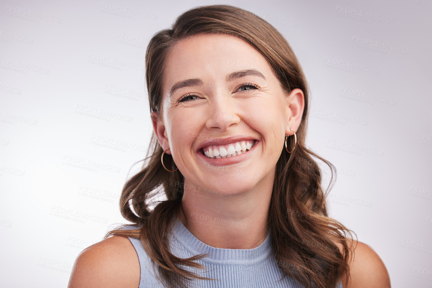 Buy stock photo Woman, laughing and portrait in white studio background for skincare, glow and cosmetics or confidence. Happy, female person and smile or joyful for dermatology results, treatment and wellness 
