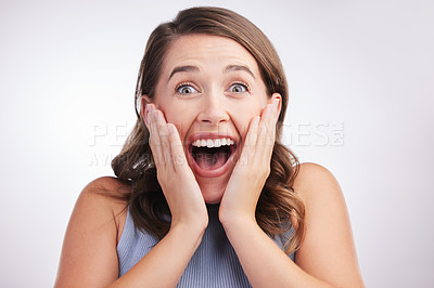 Buy stock photo Woman, excited and portrait with expression in studio for reaction or secret or announcement. Young lady, happy or wow gesture isolated for emoji, sale or rumor for crazy drama with excitement