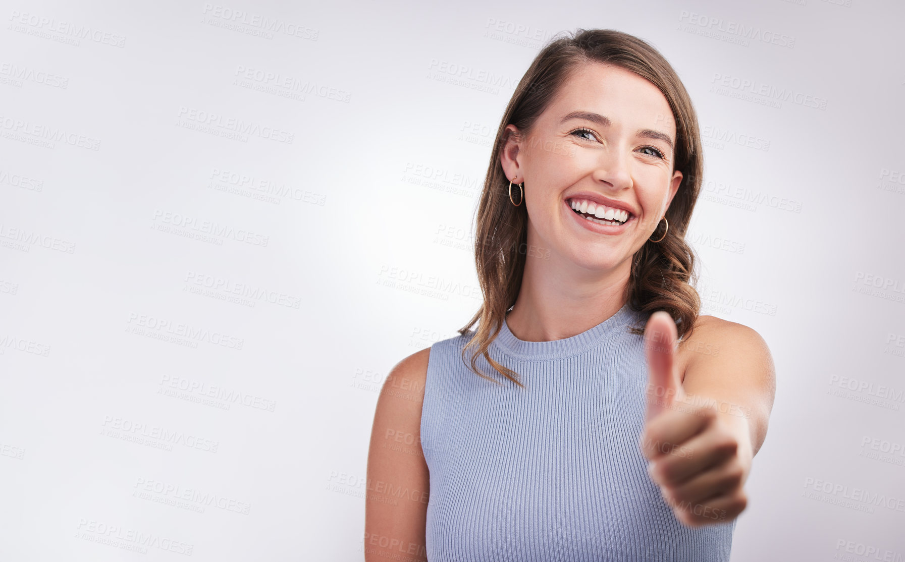 Buy stock photo Thumbs up, agreement and portrait of happy woman in studio mockup with positive attitude. Thank you, smile and girl with yes hand gesture for success emoji, praise and achievement on white background