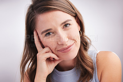Buy stock photo Portrait, smile and thinking with natural woman in studio on gray background for decision or opportunity. Face, future and idea with happy person looking thoughtful for contemplation or vision