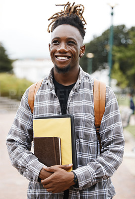 Buy stock photo Student, college and black man, outdoor and books to study, smile and backpack for education. University, guy and happiness for scholarship, campus and excited for learning in school for future
