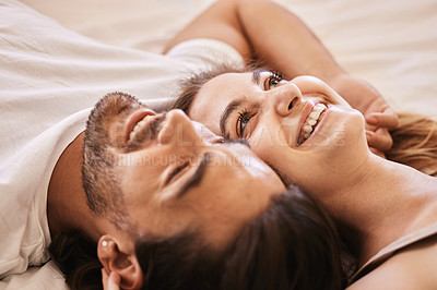 Buy stock photo Love, face and couple in bedroom in home for embrace, bonding and romance together in bed. Happy people, man and woman in relationship for dating, support and trust with commitment inside house