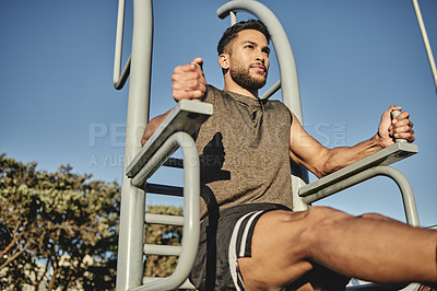 Buy stock photo Leg raises, gym and man for nature exercise, outside and calisthenics for core workout. Blue sky, fitness or abdominal strength for sports and for male person, smile or training in park for wellness