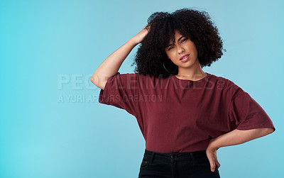 Buy stock photo Portrait, mockup and a confused woman in studio on a blue background scratching her head in doubt. Thinking, question and confusion with a female person asking why while problem solving an idea