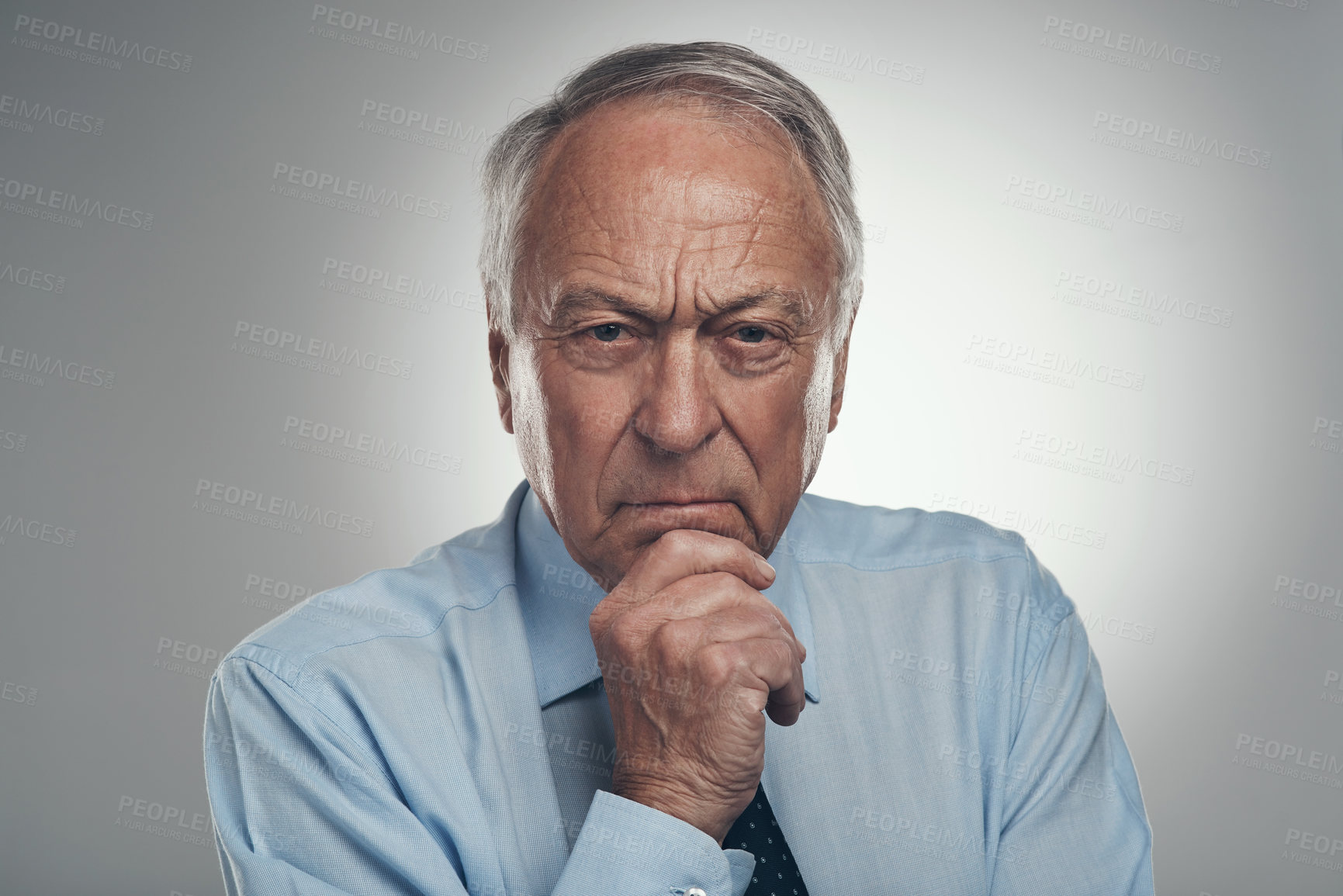 Buy stock photo Serious, portrait and businessman with ideas in studio, CEO and reflection for financial development. White background, entrepreneur and mature person with investment plan, space and think in Germany