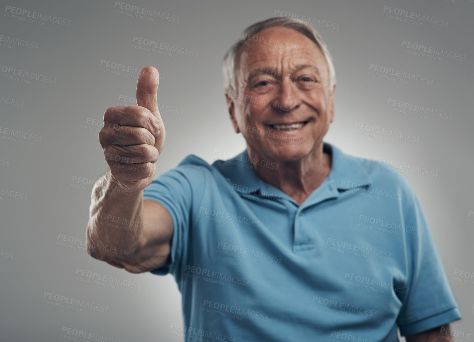Buy stock photo Portrait, thumbs up and old man in studio, happiness and support on gray background. Retirement, hand gesture and senior person with symbol for agreement, excited or sign for yes, like emoji or smile