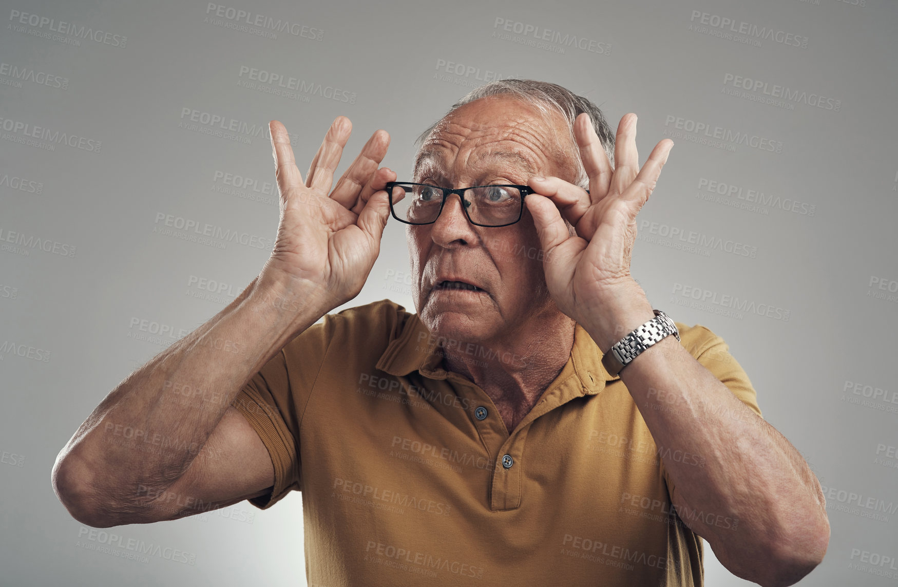 Buy stock photo Vision, glasses or old man with surprise in studio for optical wellness, eye clarity or improvement. Frame, senior person and eyewear shock on white background for clear sight, correction and comfort