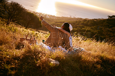 Buy stock photo Selfie, sunset and couple on a picnic in the mountains for a date, anniversary or bonding in Costa Rica. Nature, phone photo and man and woman in a field for a honeymoon and mobile communication