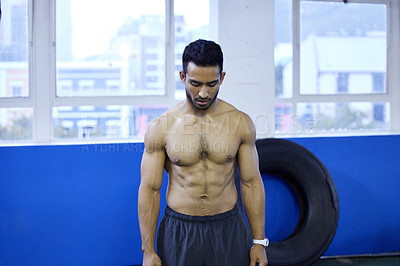 Buy stock photo Asian man, shirtless and sweat for workout in gym, serious and athlete for strength training. Male person, tough and abs of bodybuilder for power or fitness challenge, sports and cardio for health