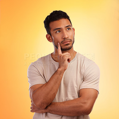 Buy stock photo Thinking, wondering and thoughtful Asian man with a choice isolated on a yellow background in a studio. Curious, think and Japanese person with a problem, thoughts or idea on a bright backdrop
