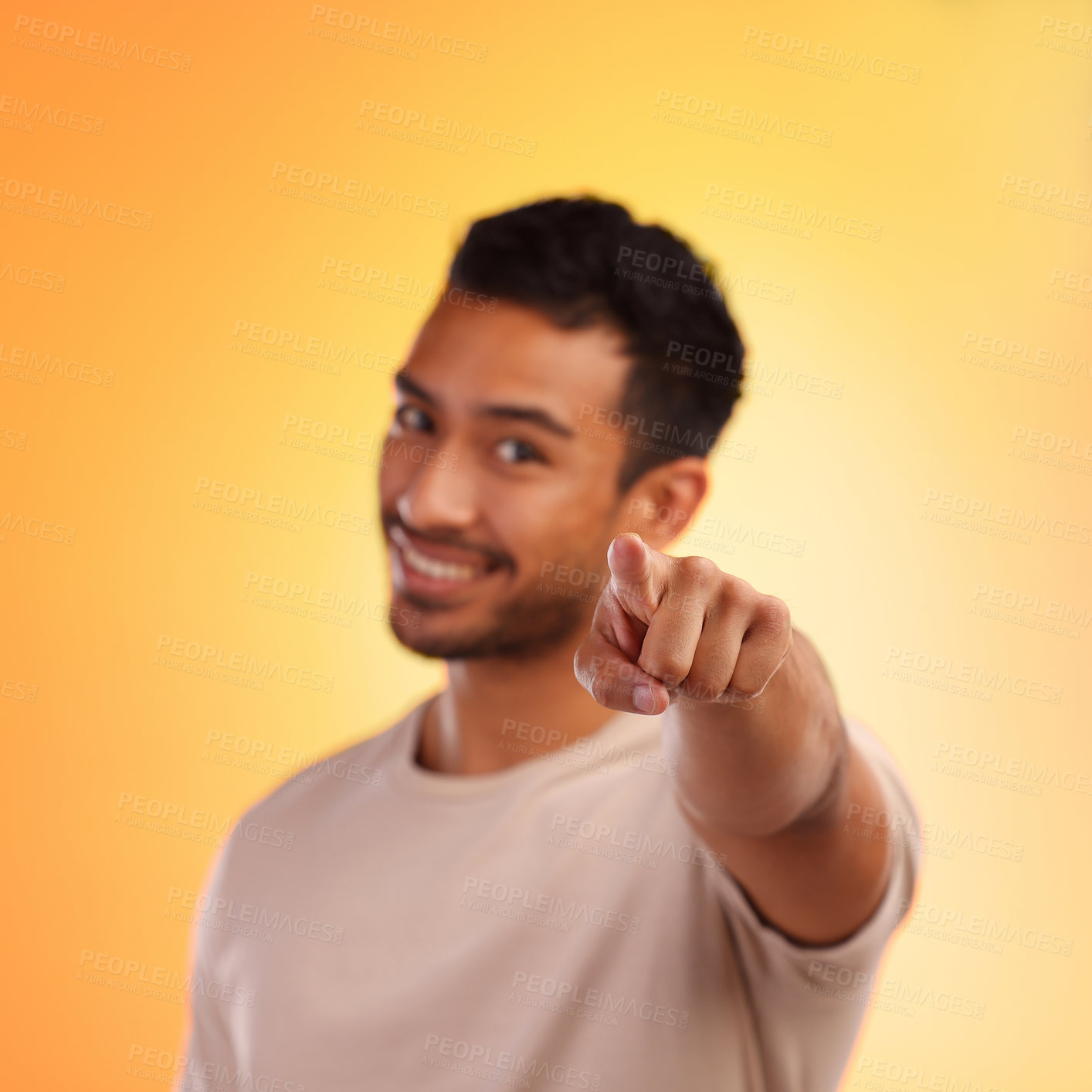 Buy stock photo Man, point and happy portrait of a person with a hand sign with orange studio background. Smile, isolated and model with blur mock up space and hands and finger gesture zoom smiling alone with beard