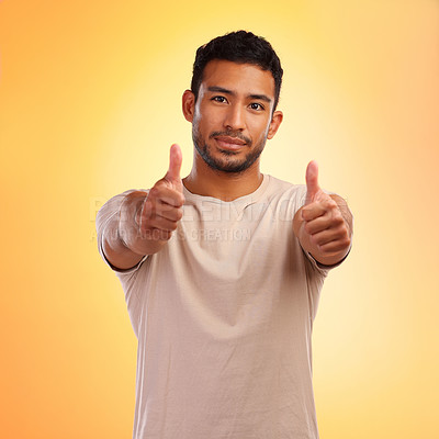 Buy stock photo Portrait, hands and man with thumbs up in studio isolated on a yellow background. Face, fashion and stylish, trendy or cool male with thumbsup for support, thank you or like, emoji or ok hand gesture