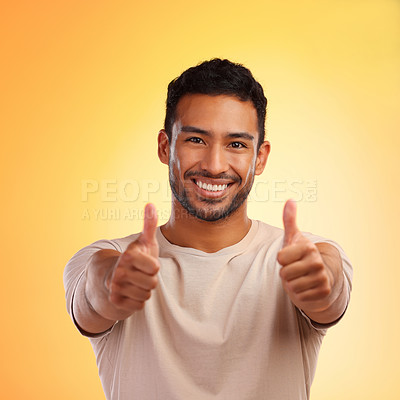 Buy stock photo Happy man, thumbs up and like emoji portrait with smile and hands for advertising sale or promotion. Face of winner person for thank you, review or yes sign on yellow studio background for motivation