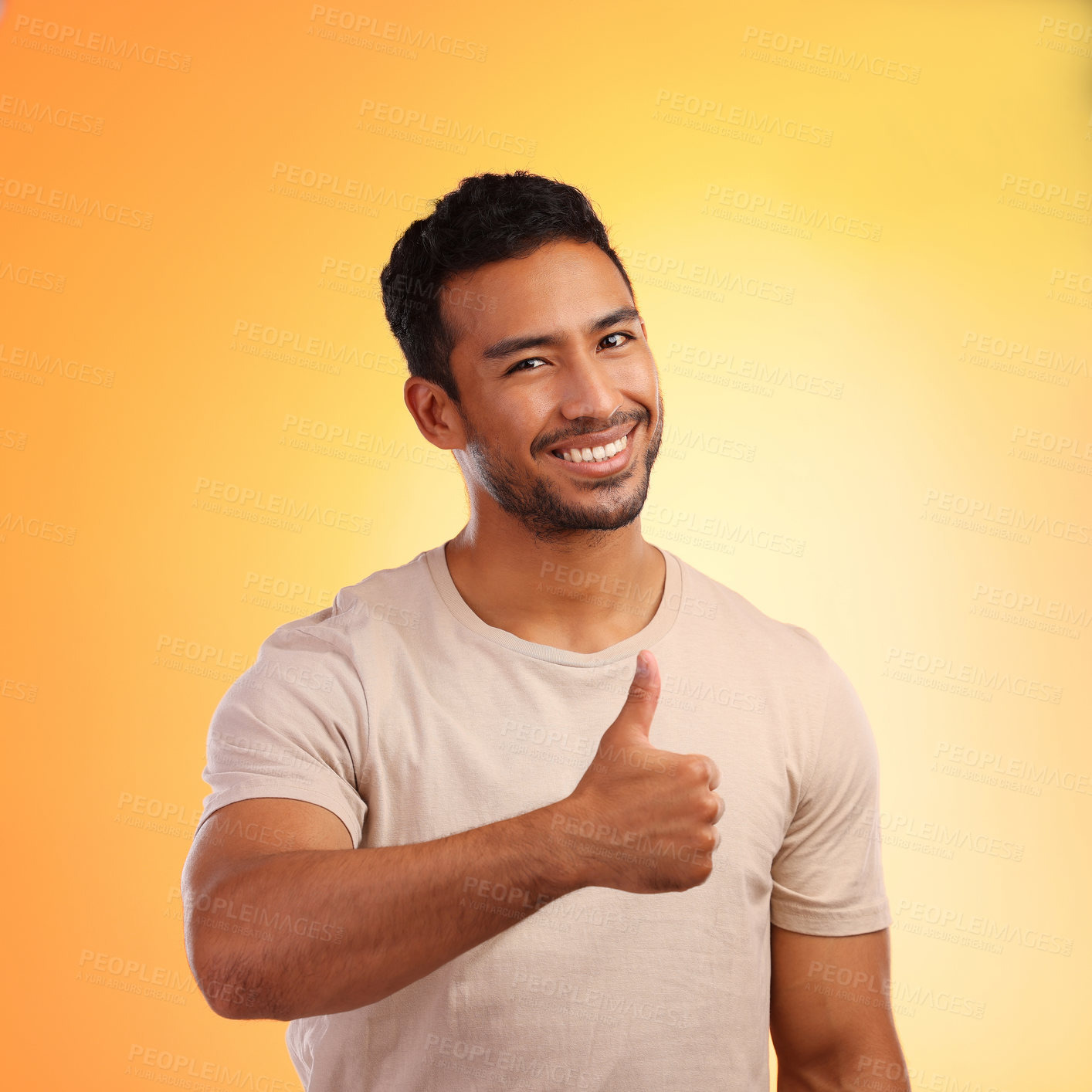 Buy stock photo Hands, thumbs up and portrait of man in studio isolated on a yellow background. Face, fashion and happy male model with hand gesture for like emoji, motivation or success, agreement or thank you.