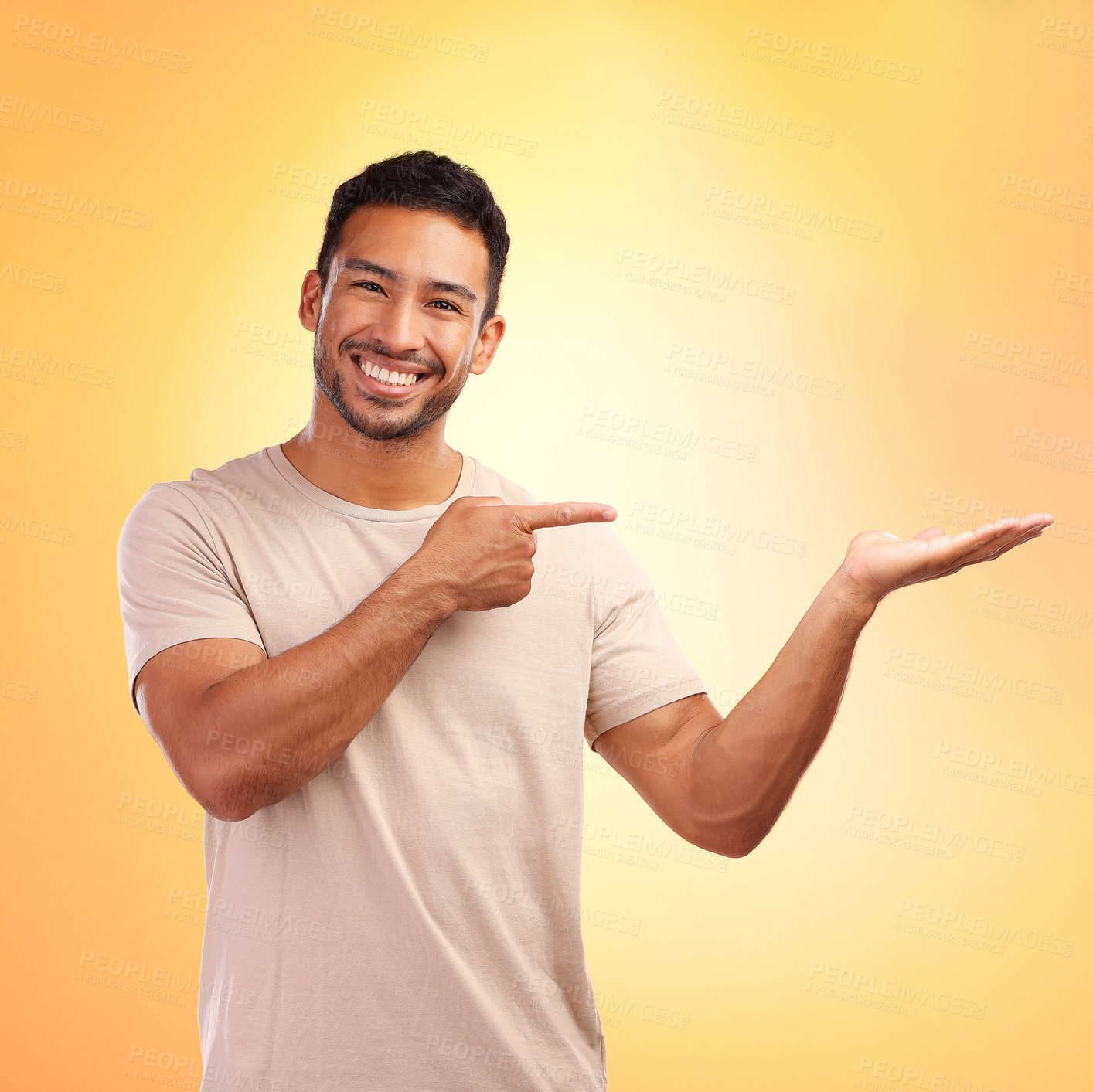 Buy stock photo Portrait, pointing and man with product placement in studio isolated on yellow background. Mockup, branding and  happy male with gesture for copy space, mock up or advertising, marketing or promotion