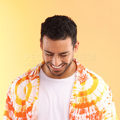 Buy stock photo Happy hipster man, studio and tie dye fashion shirt with smile, excited and relax by yellow background. Gen z model, clothes and summer style with happiness, color and natural aesthetic by backdrop