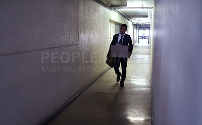 Buy stock photo Fired, quit or businessman with box in office building for stress, mistake or startup fail. Depression, unemployment or frustrated lawyer walk corridor for termination, dismissal or inflation crisis