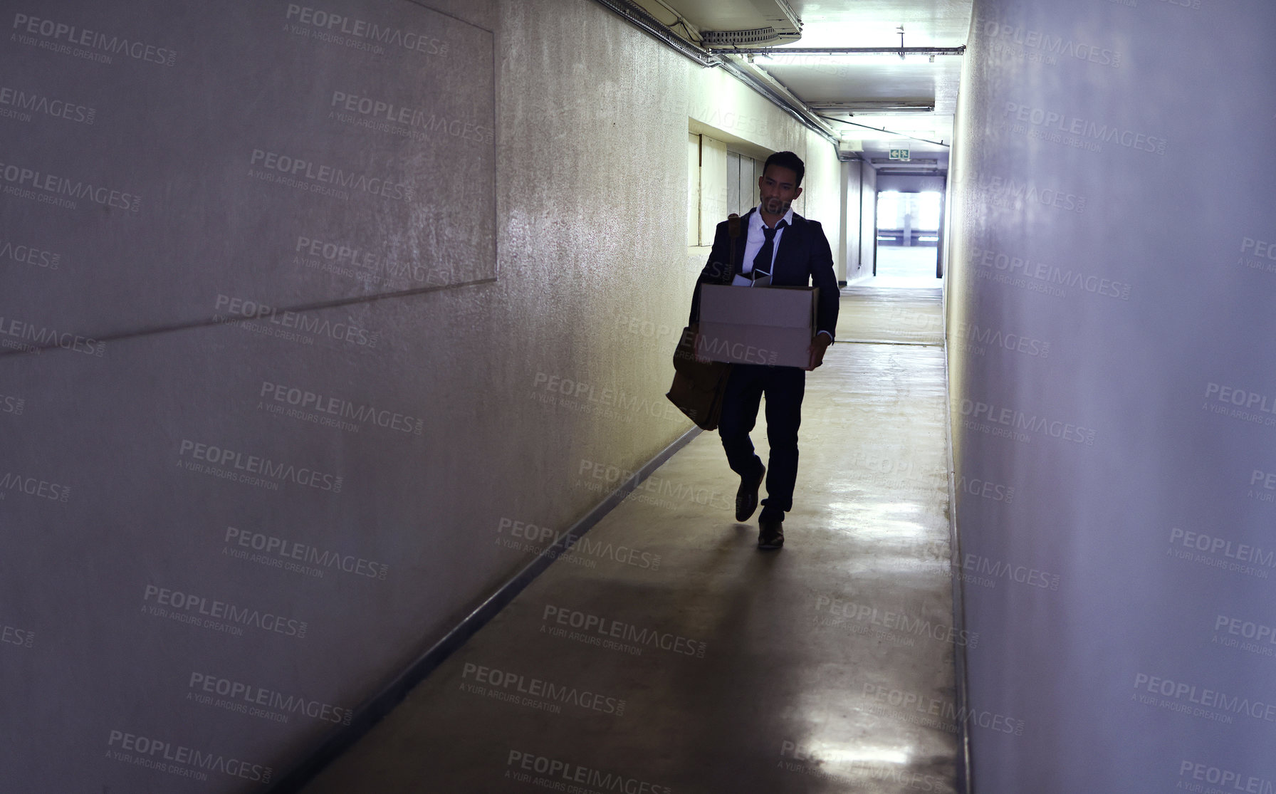 Buy stock photo Fired, quit or businessman with box in office building for stress, mistake or startup fail. Depression, unemployment or frustrated lawyer walk corridor for termination, dismissal or inflation crisis