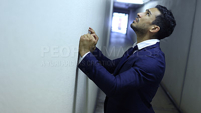 Buy stock photo Business man, fired and stock market crash in an office hallway with stress, anxiety and burnout. Corporate, investor and problem with sad professional from trading fail and debt at investing company