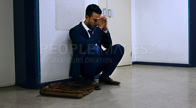 Buy stock photo Businessman, fired and stress on floor at workplace with unemployment, failure and disappointment. Professional, employee and concerned in corridor of office building with bag, leaving and helpless